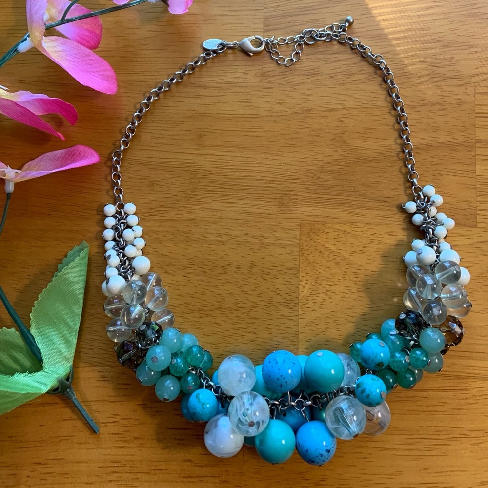 Lia Sophia chunky beaded necklace with large clusters of aqua-tone beads, 18 in